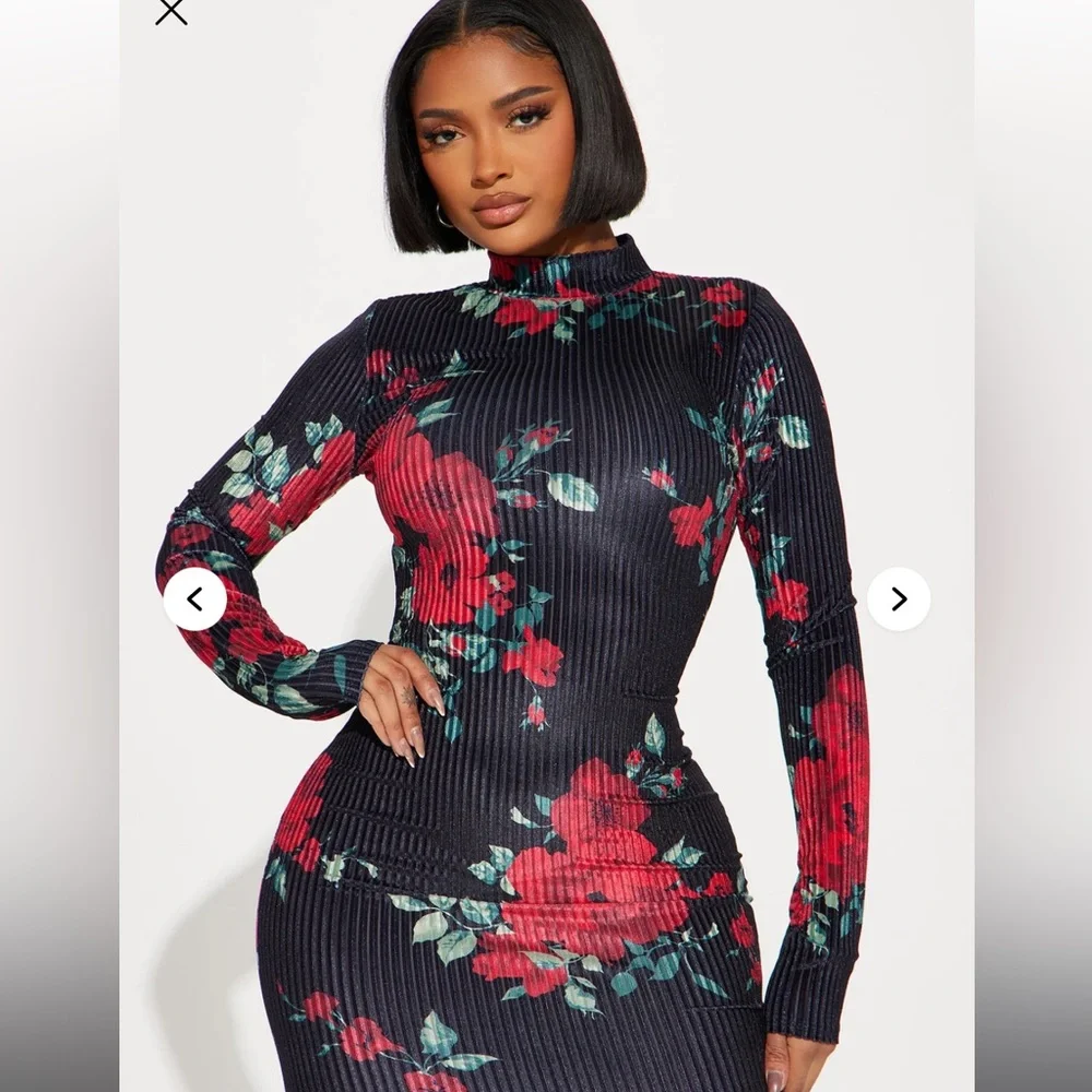Fashion Nova Floral Long Sleeve Dress - Black and Red - Picture 2 of 3